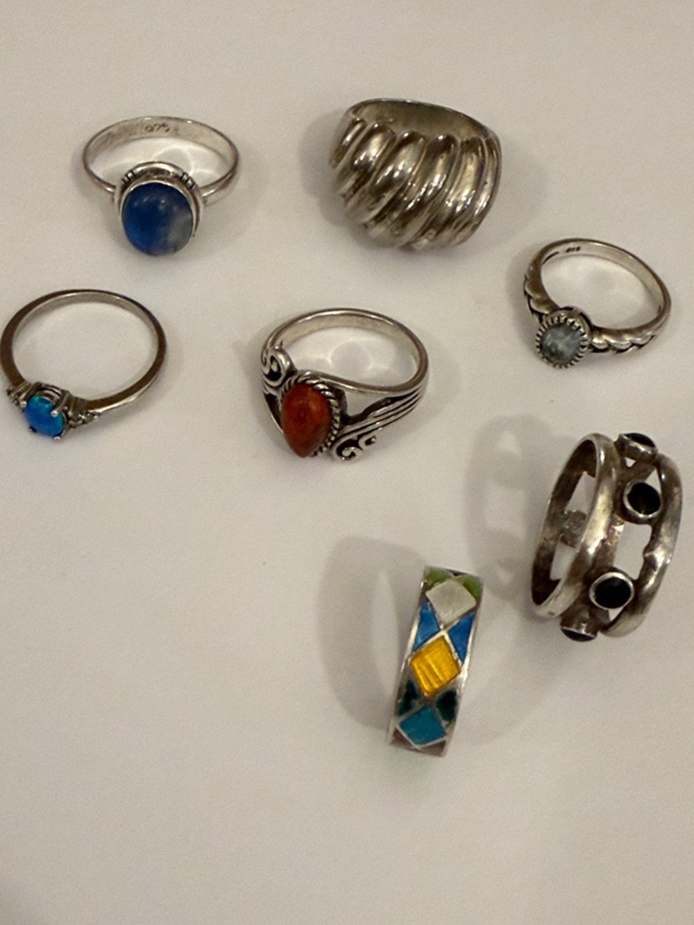 Vintage 925 Sterling Silver Ring lot. Native Labordite Opal Aquamarine Carnelian